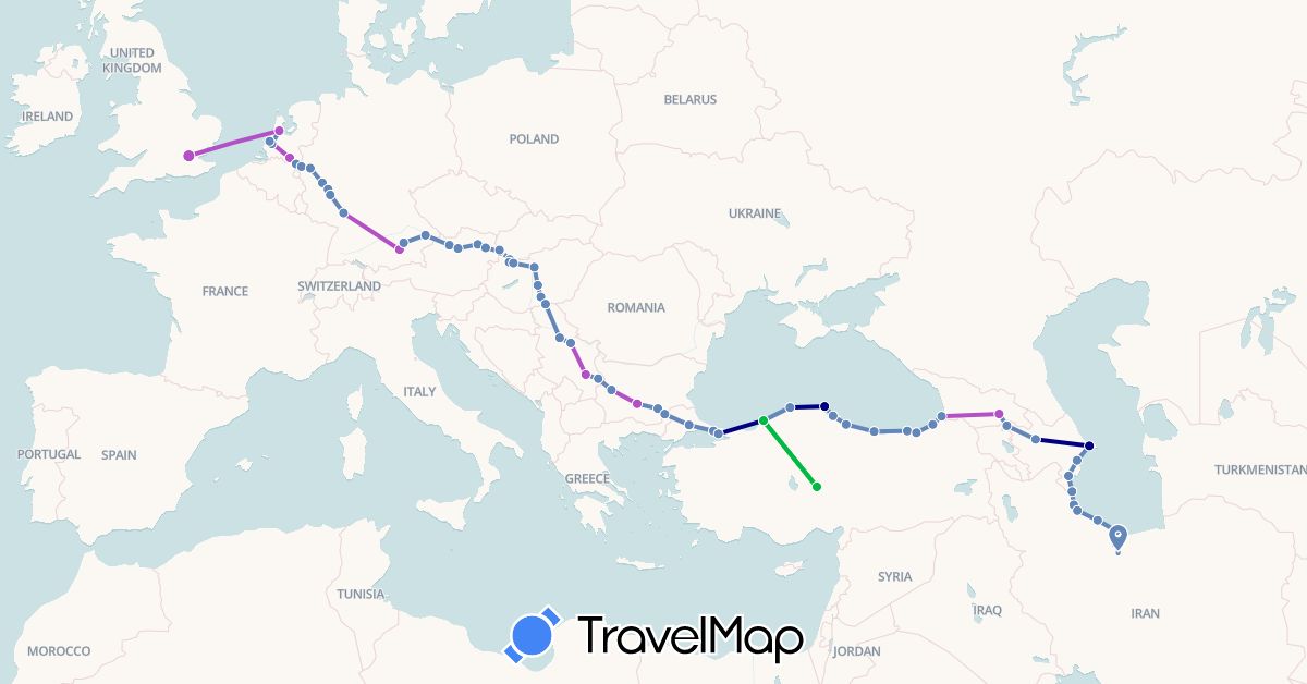 TravelMap itinerary: driving, bus, cycling, train in Austria, Azerbaijan, Bulgaria, Germany, United Kingdom, Georgia, Greece, Hungary, Iran, Netherlands, Serbia, Slovakia, Turkey (Asia, Europe)